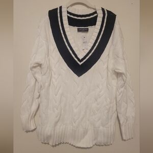 White and Navy V-Neck Cable Knit Sweater